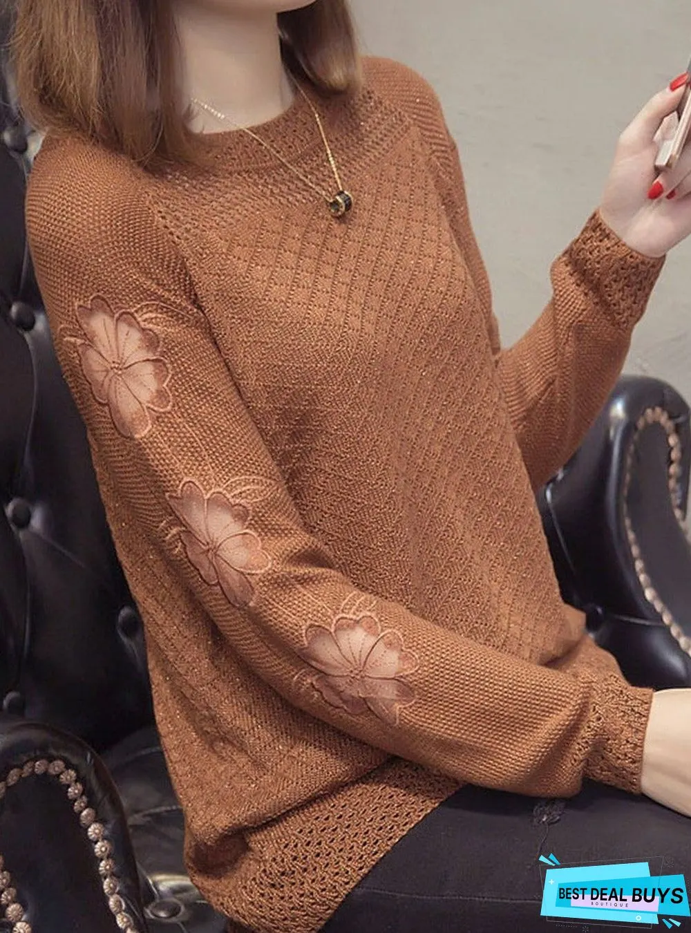 Round Neck Patchwork Elegant Plain Long Sleeve Knit Pullover