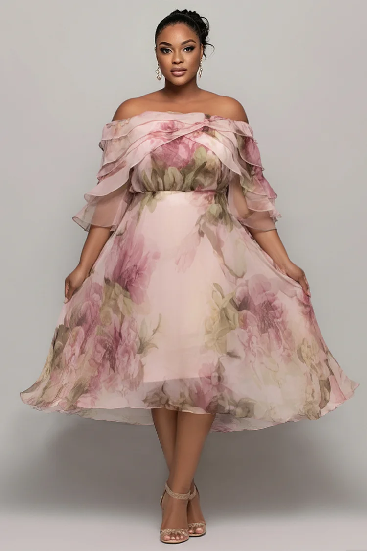Xpluswear Design Plus Size Cocktail Party Elegant Pink Floral Off The Shoulder Half Sleeve Ruffle Tiered Chiffon Midi Dresses [Pre-Order] 2024 - Xpluswear