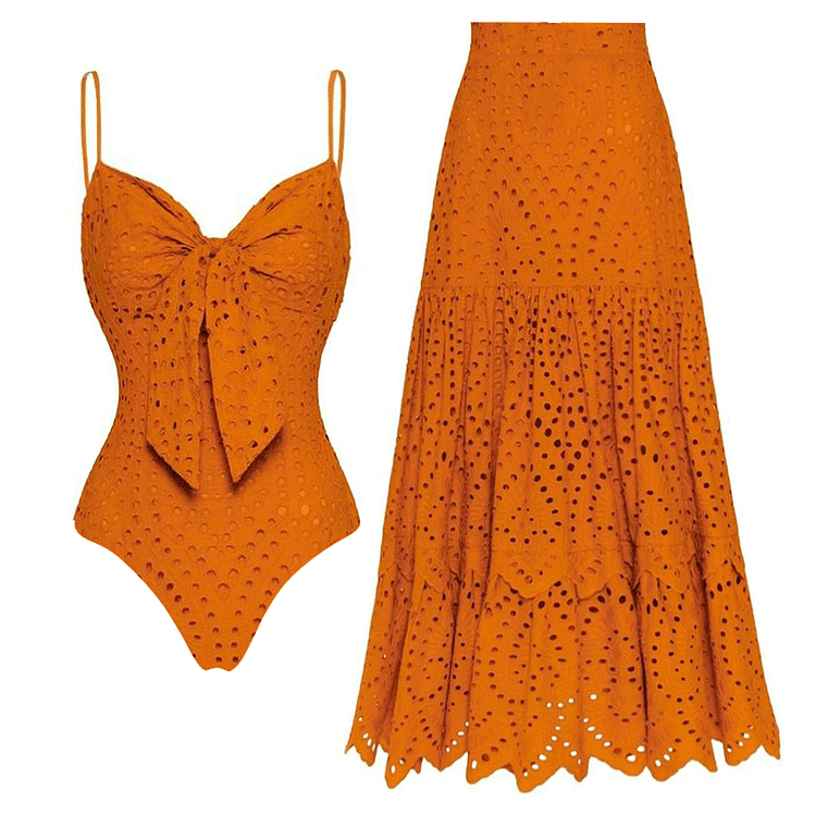 Sling Cut Out Bow Tie One Piece Swimsuit and Skirt(Shipped on May19th）