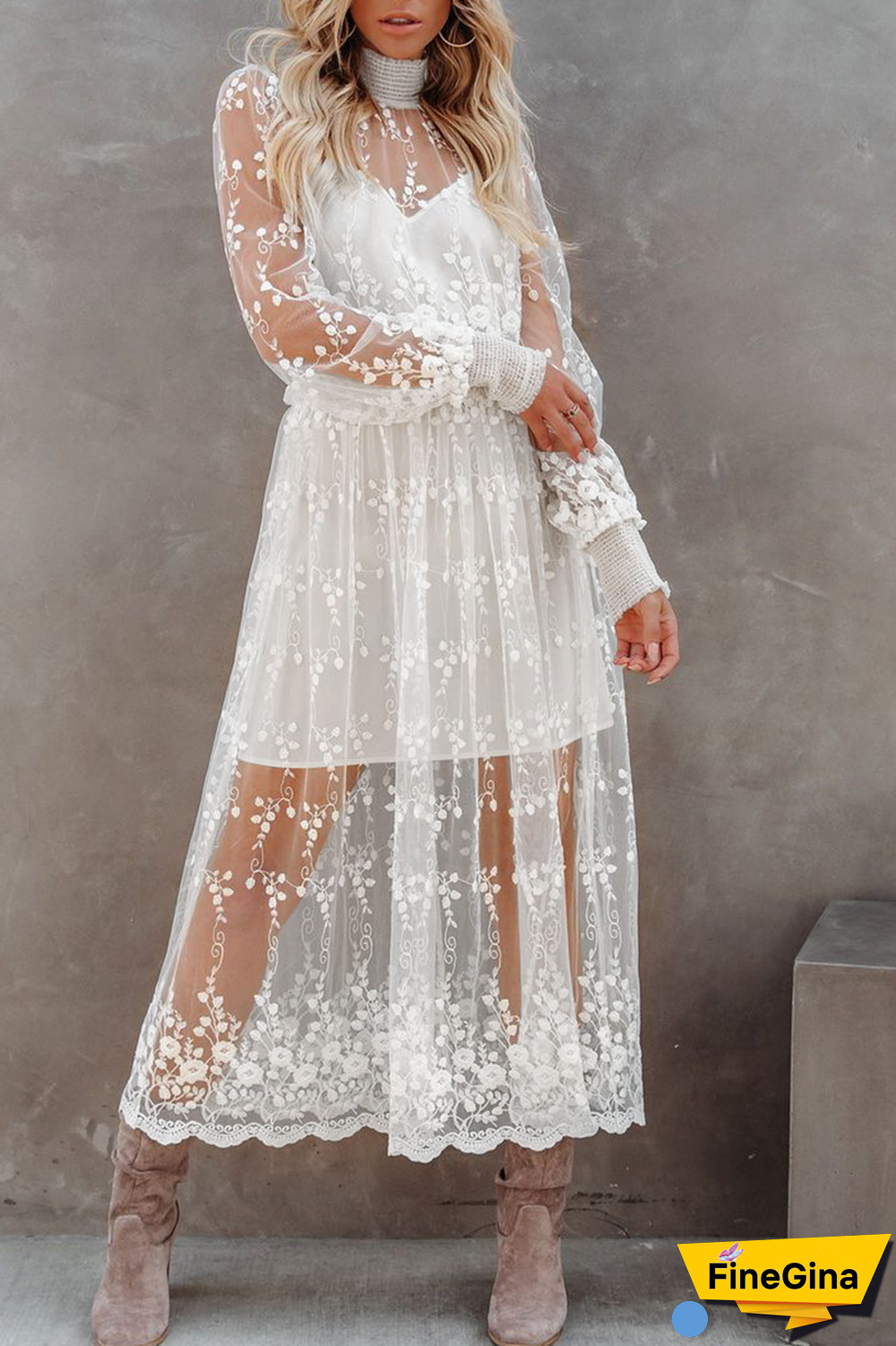 Casual Solid Split Joint Half A Turtleneck Lace Dress Dresses