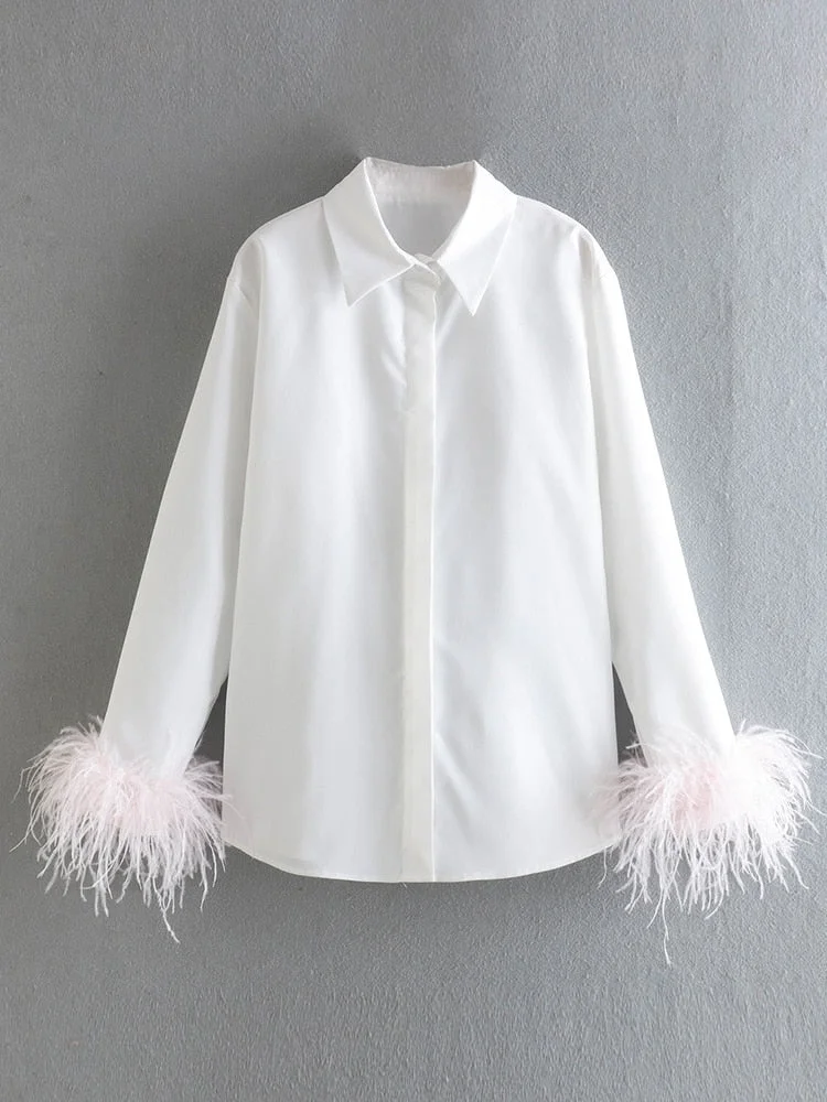 Back to school  Elegant Feathers Long Sleeve Shirt Casual Turn Down Collar Buttons Blouse Women Solid Chic Tops Streetwear Tunics Clothing 2022