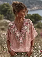 Vintage Boho Pink Rose Embroidery Art V Neck Linen T Shirt
