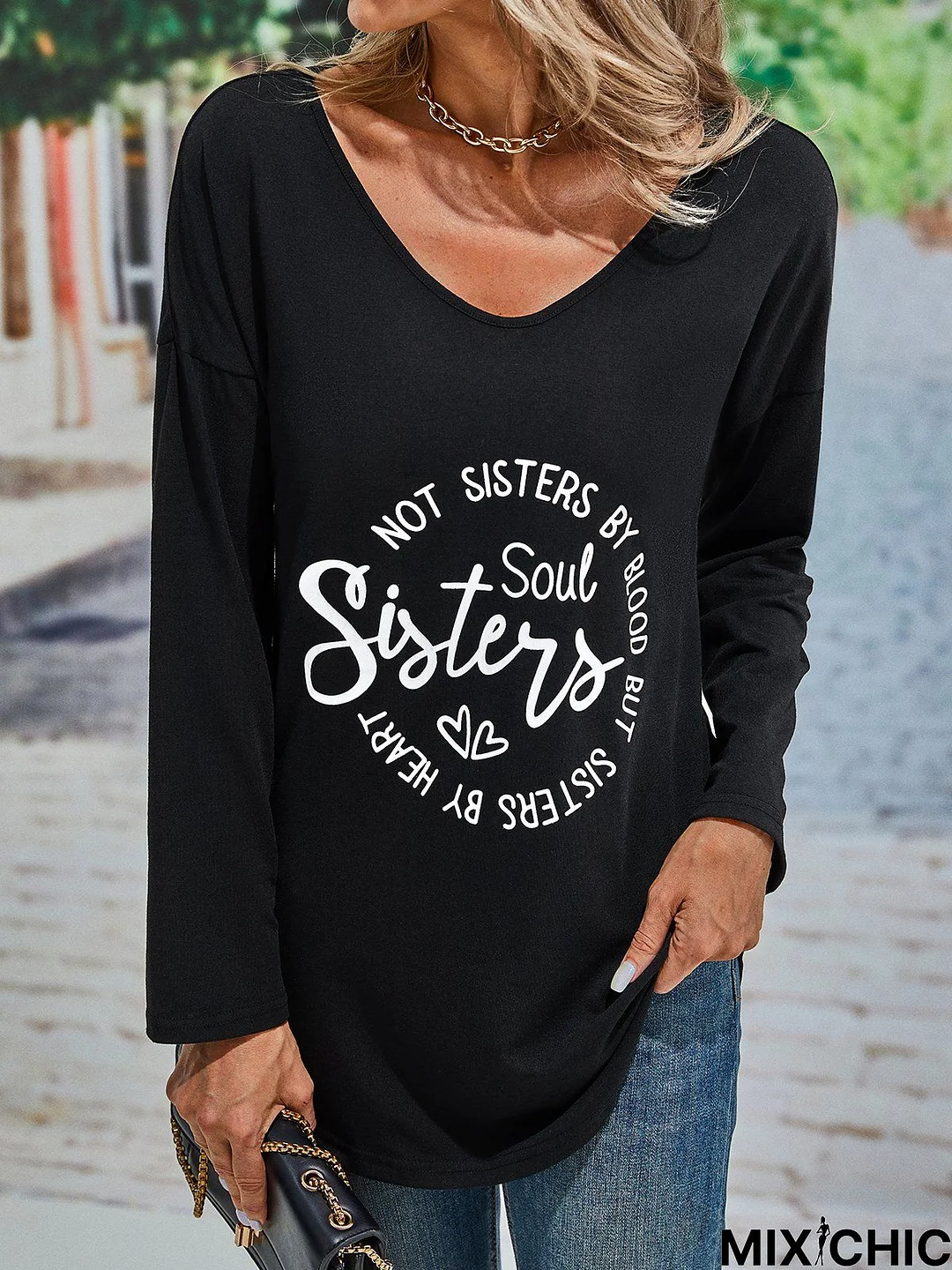 Soul Sisters Long Sleeve V Neck Casual Tunic T-Shirt