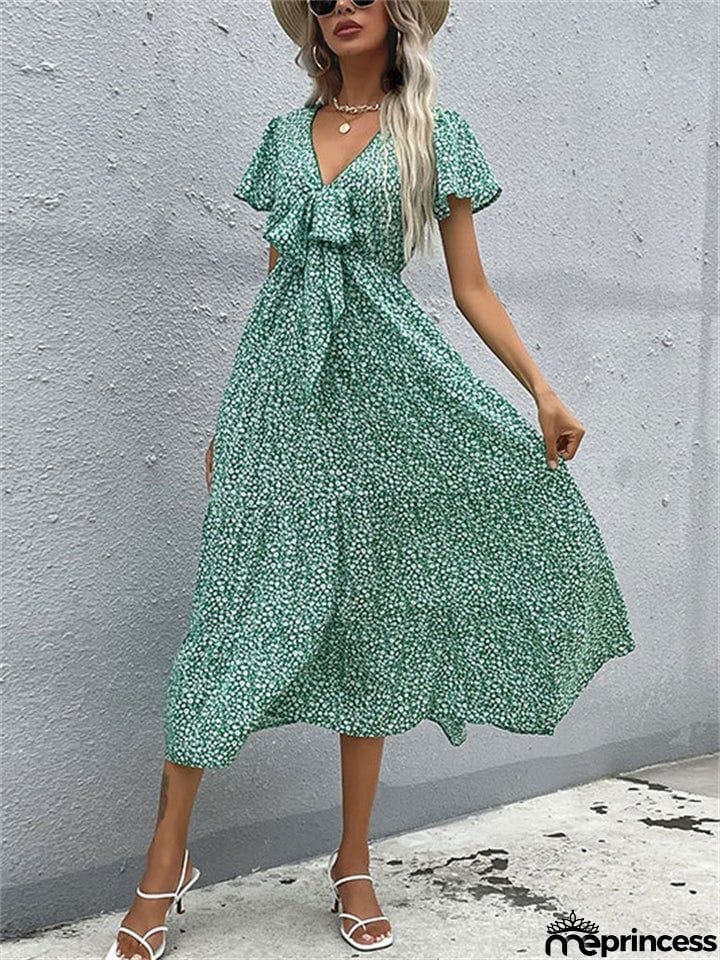 Stylish Elegant Slim Green Printed V Neck Short Sleeve Dresses