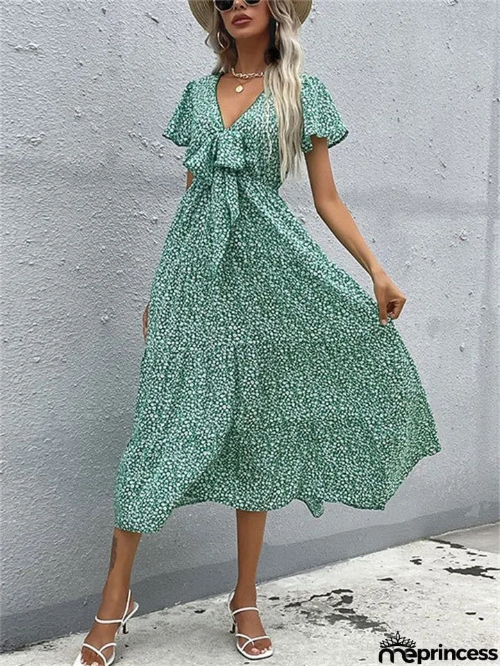Stylish Elegant Slim Green Printed V Neck Short Sleeve Dresses
