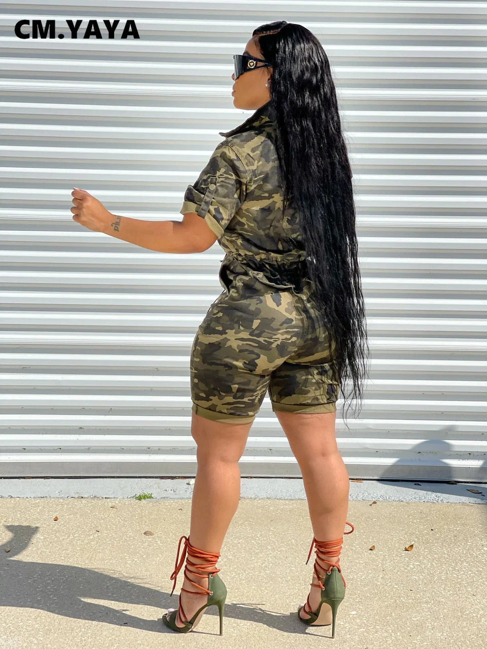 CM.YAYA Women Playsuit Camouflage Short Sleeve Turn-down Collar Straight Playsuits Casual Romper One Piece Overalls Summer