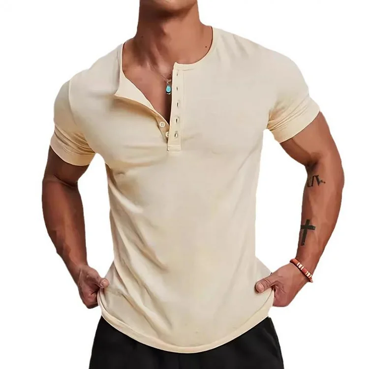 Men's Casual Cotton Blended Henley Collar Slim Fit Short Sleeve T-Shirt