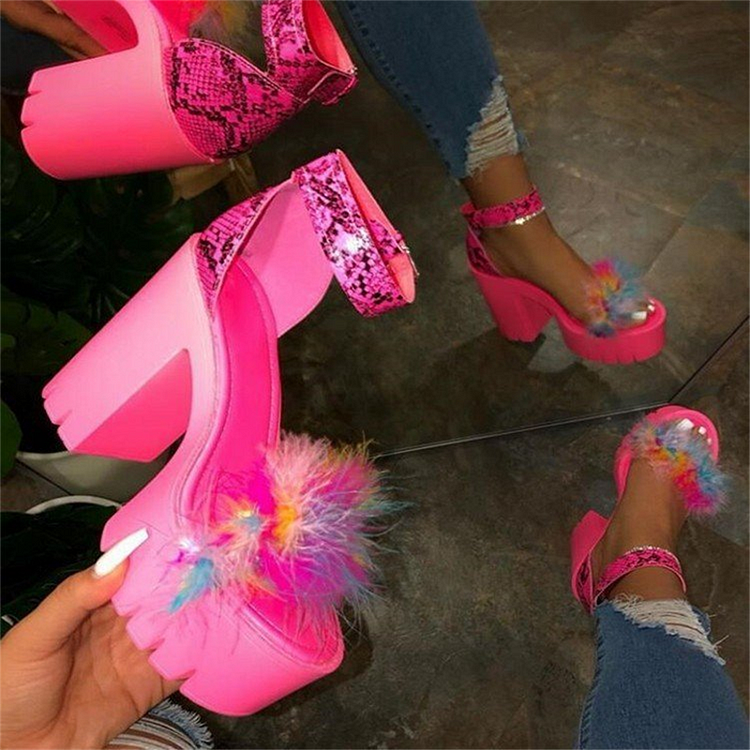 Party Feather Buckle Fish Mouth Thick Bottom High-Heeled Sandals