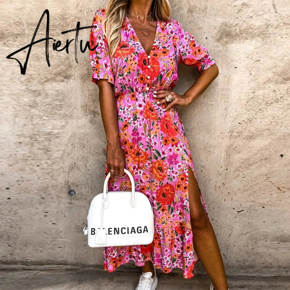 Summer Floral Print Dress Women V Neck Side Split Dress Long Robe Female Elegant Boho Short Sleeve Slim Party Dresses Vestidos Aiertu