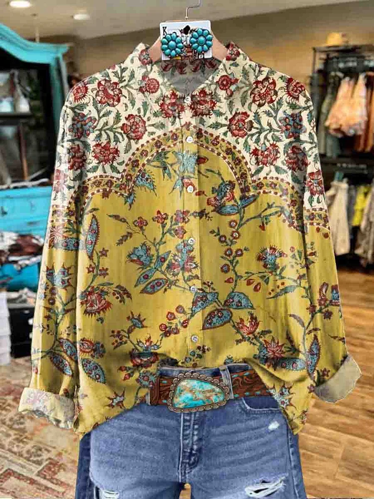 Women's Vintage Floral Print Casual Cotton Shirt
