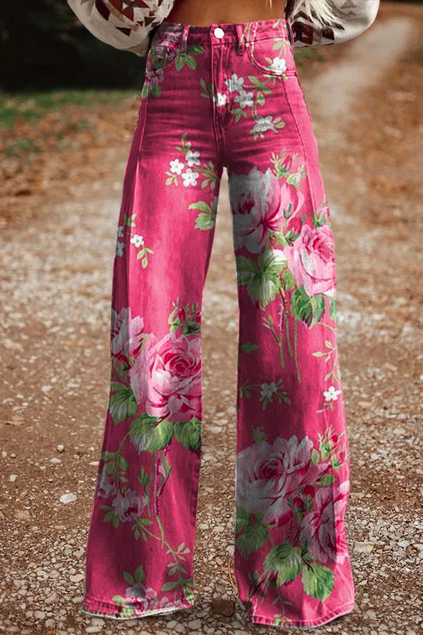 Women's Retro Pink Rose Casual Wide Leg Pants