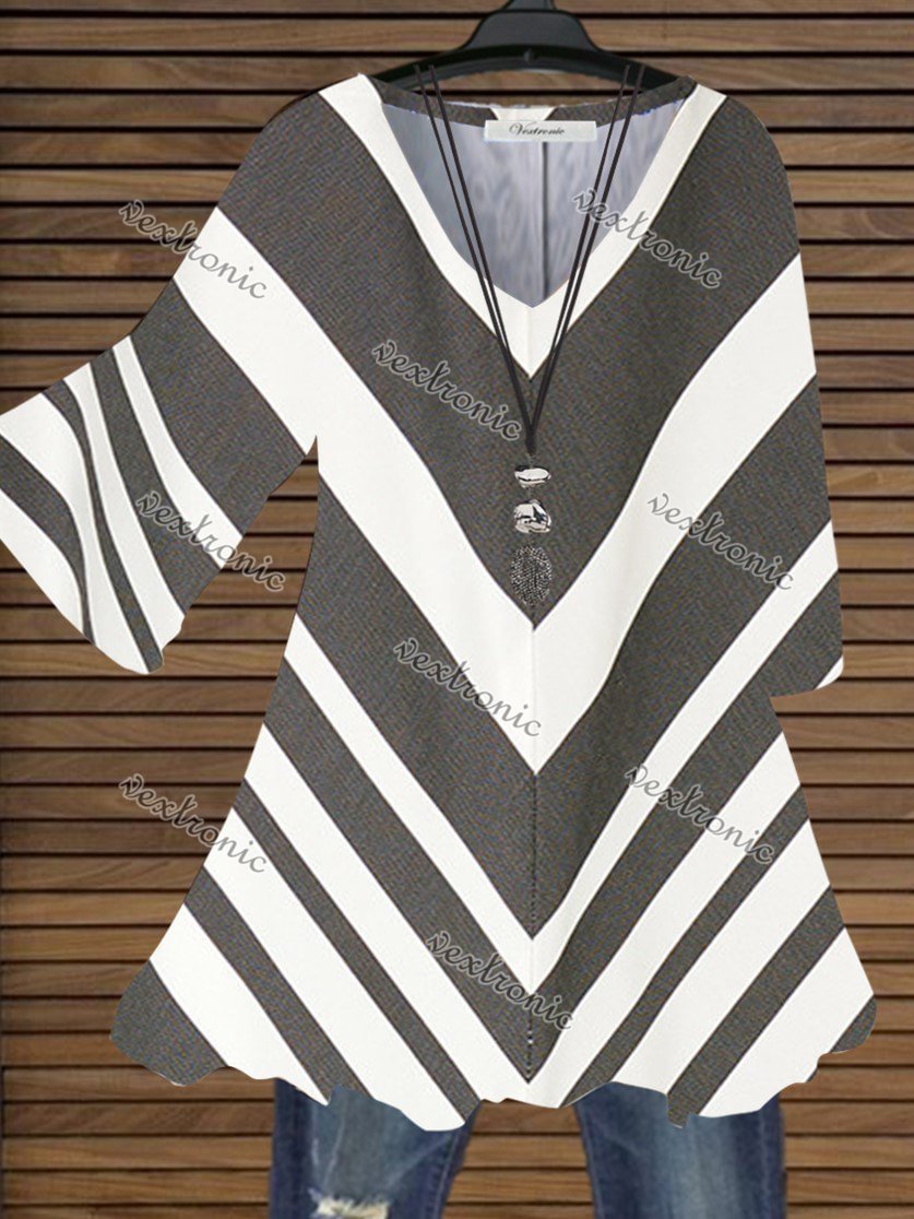 Women Half Sleeve V-neck Striped Geometric Printed Top Dress