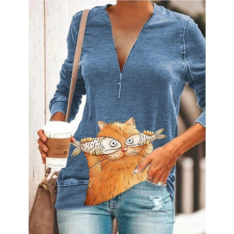 Women Plus Size Cute Cat with fish Animal Cat Printed Casual V Neck Sweatshirt & Top