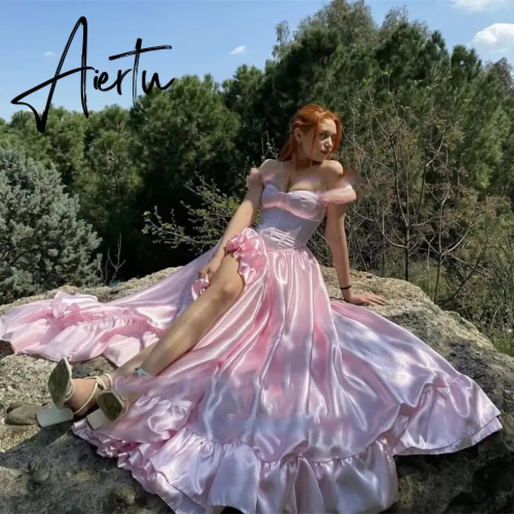 Aiertu Sexy Sweeetheart Pink Prom Party Dresses Detachable Short Sleeves Ruffles Silk Split Evening gowns Formal Sexy Dresses For Woman Aiertu