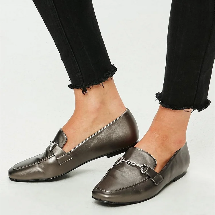 Dark Grey Square Toe Flats Office Shoes Loafers for Women |FSJ Shoes