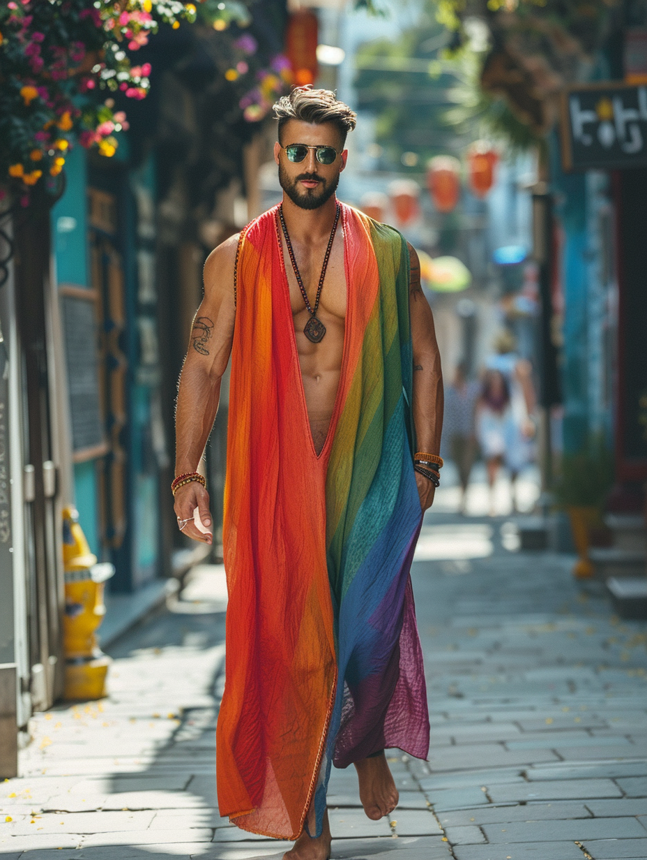 Rainbow Chroma striped Men Cotton Kaftan Long Caftan