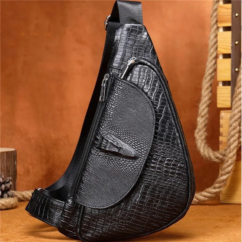 Mens Outdoor Fashion Alligator Pattern Cow Leather Chest Bags