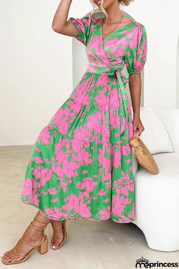 Elegant Floral Patchwork V Neck A Line Dresses