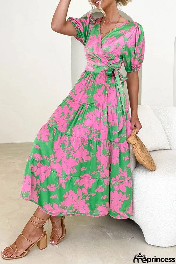 Elegant Floral Patchwork V Neck A Line Dresses