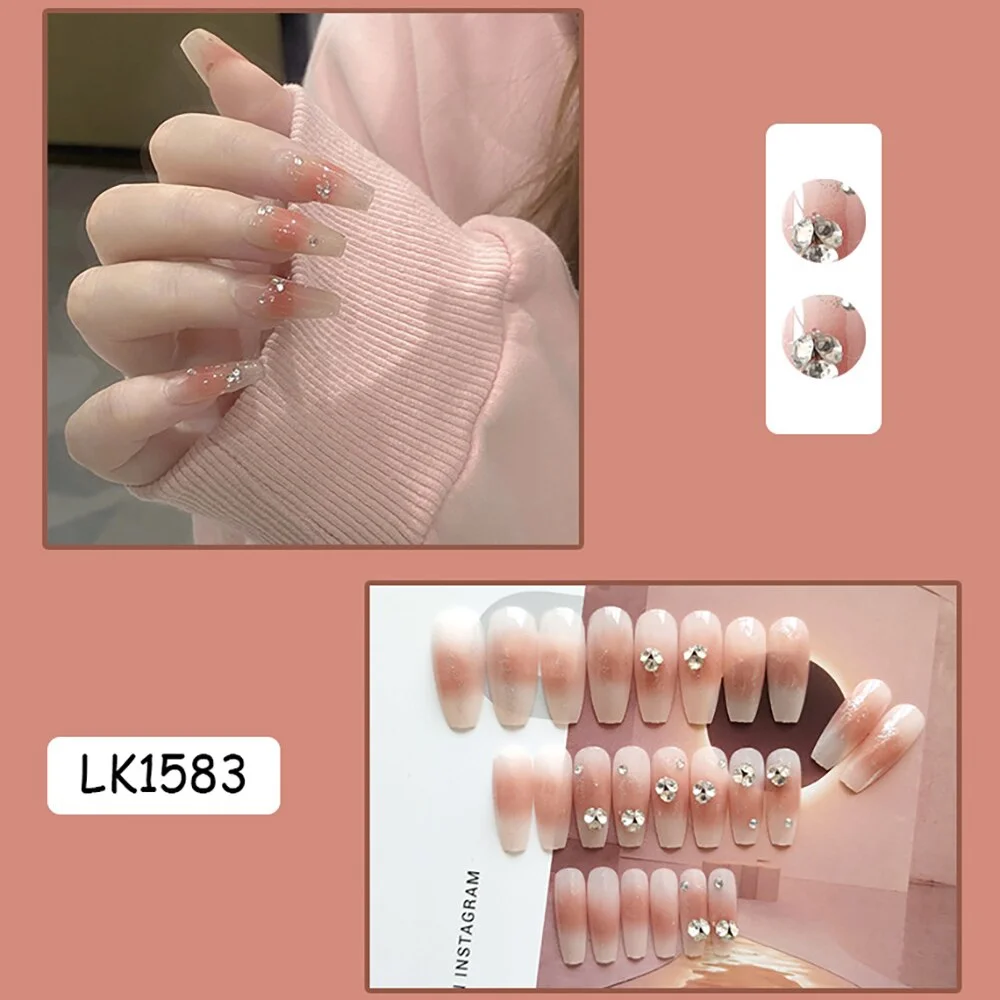 24pcs Pink Rose Design False Nail Patch Coffin Fake Nails Removable Long Paragraph Fashion Manicure Nail Art Press On Nail Tips-Nail Inspo