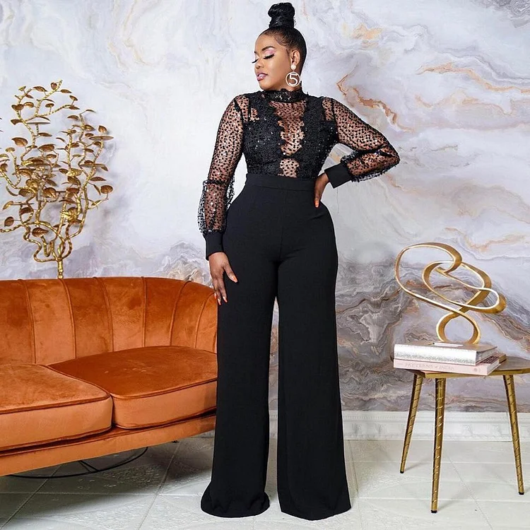 Elegant High Neck Long Sleeve Sheer Gauze Rhinestone Wide Leg Jumpsuit