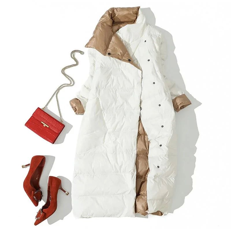 FTLZZ Women Double Side Long Jacket Winter Ultra Light White Duck Down Parka Breasted Plus Size 3xl Female Outwear