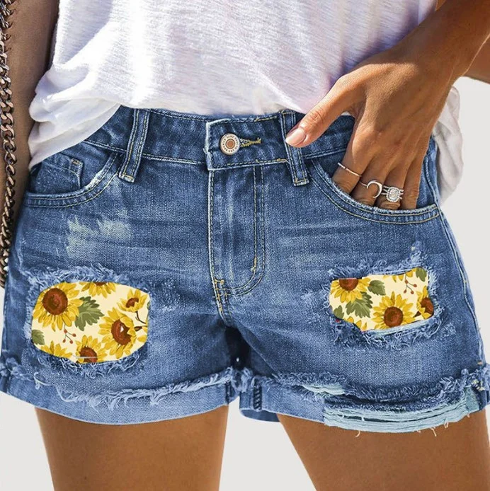 Printed Cuffed Ripped Denim Shorts