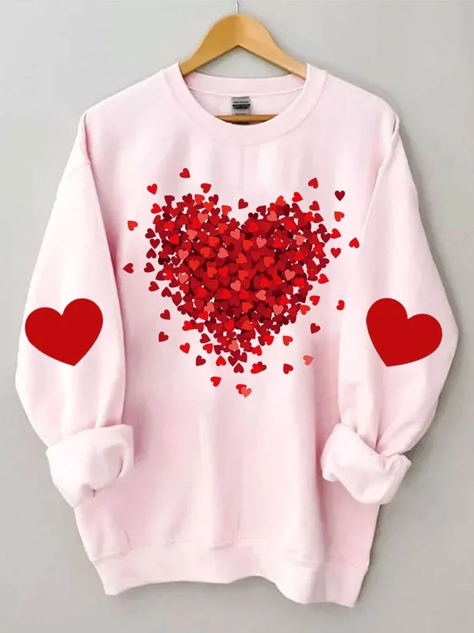 Ladies Heart Print Round Neck Long Sleeve Sweatshirt