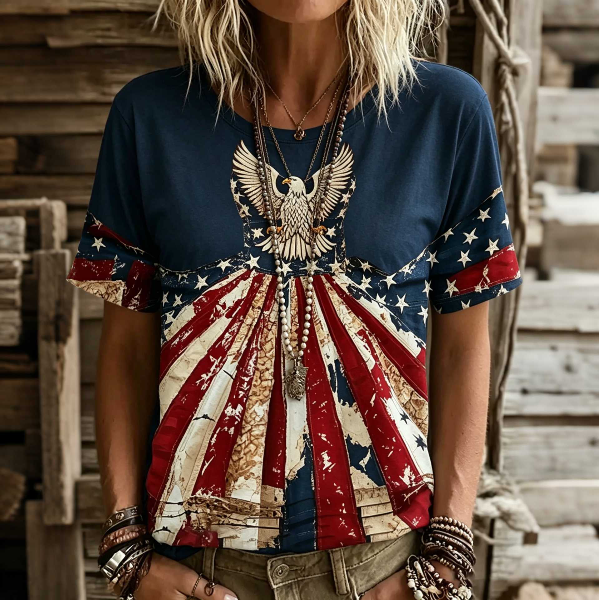  Women's Vintage Eagle Flag Patchwork Art Print Tshirt Westsshops