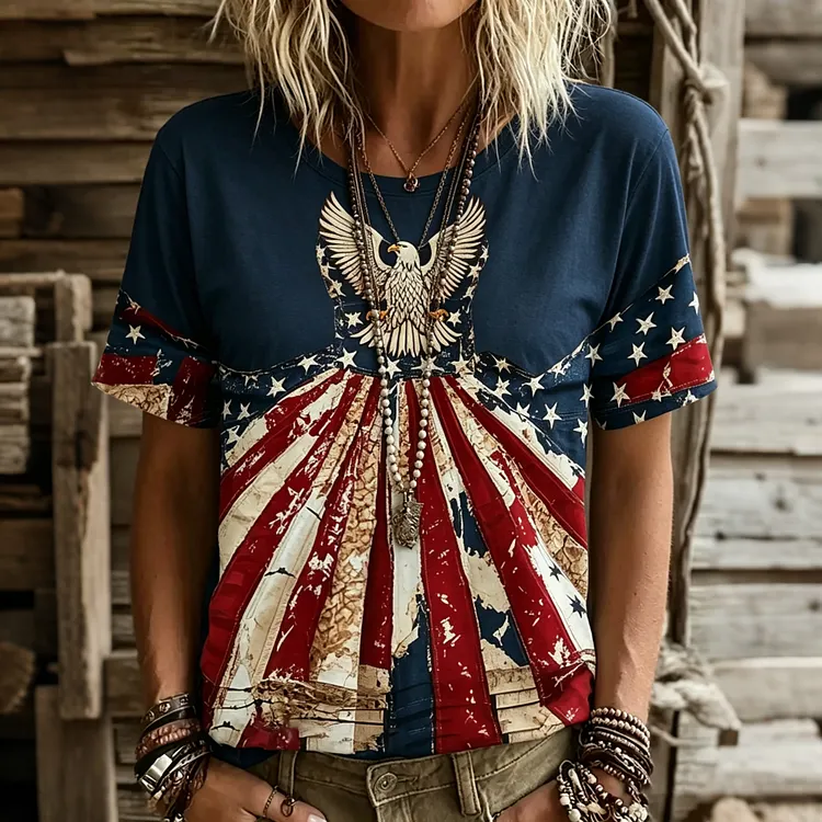 Women's Vintage Eagle Flag Patchwork Art Print Tshirt