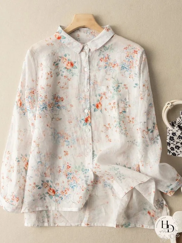 Ramie Floral Print Long Sleeve Button Down Casual Shirt