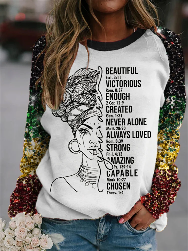 Vefave Vefave Black Pride Black Women Glitter Contrast Color Sweatshirt
