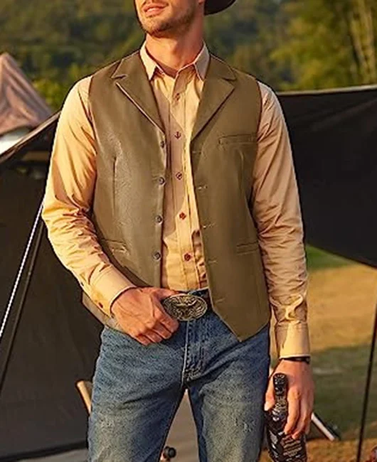 Single Breasted Slim Lapel Collar PU Leather Vest 