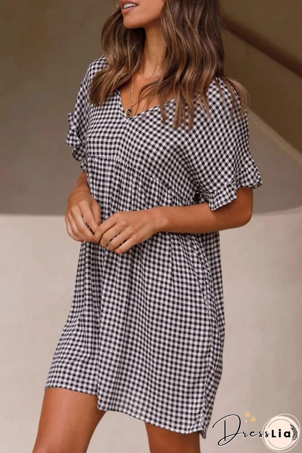 Fashion Sweet Plaid Split Joint V Neck Princess Dresses