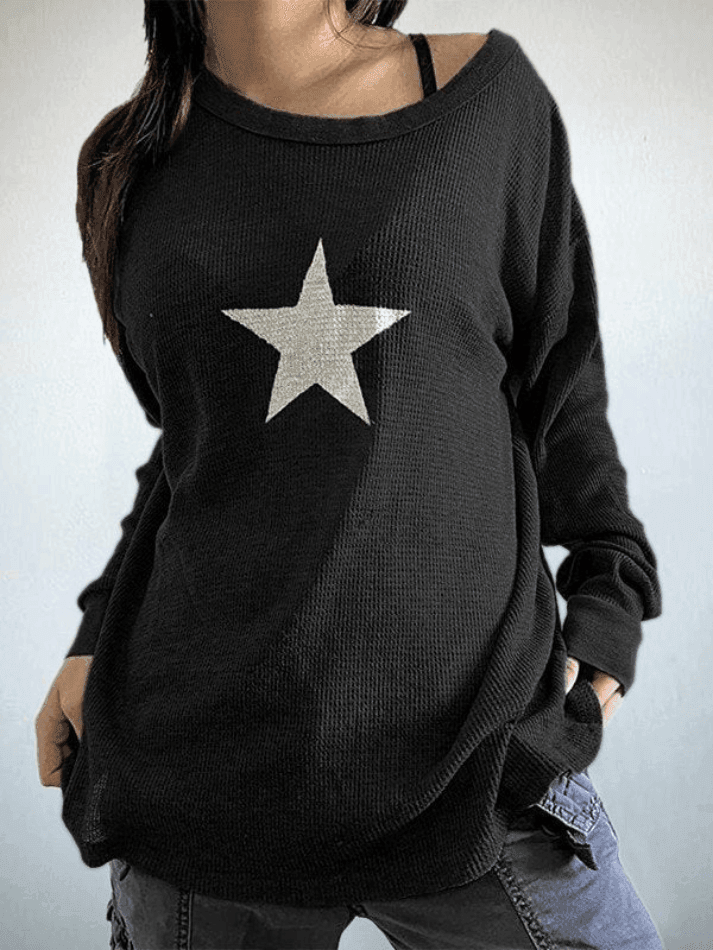 Brownm Star Print Long Sleeve Waffle Knit Top