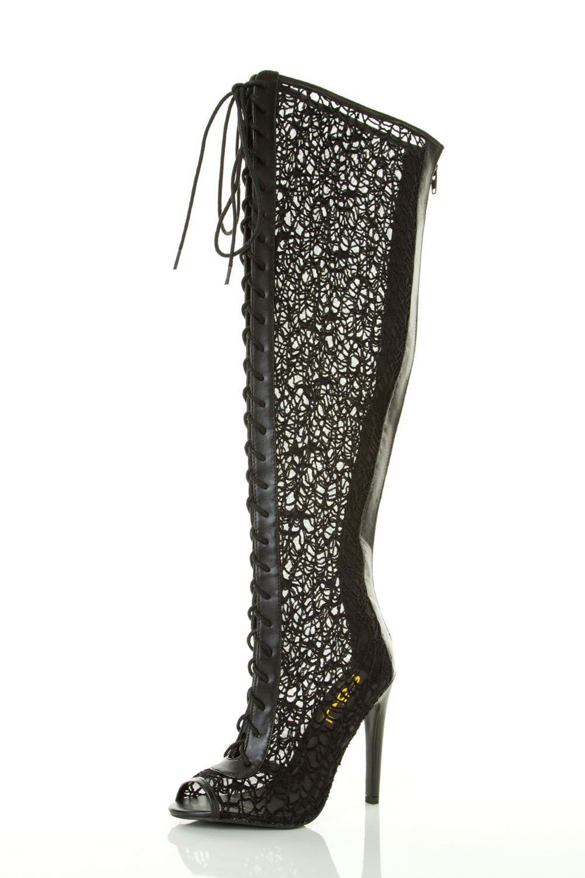 GOOSHOE Black Knee-High Gladiator Lace-Up Peep Toe Boots