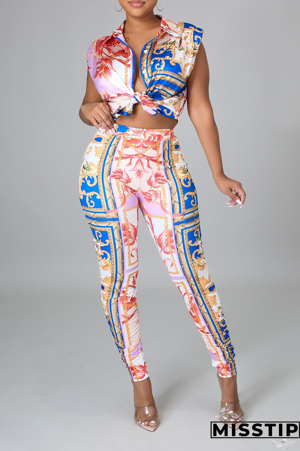 Blue Sexy Print Patchwork Turndown Collar Sleeveless Two Pieces