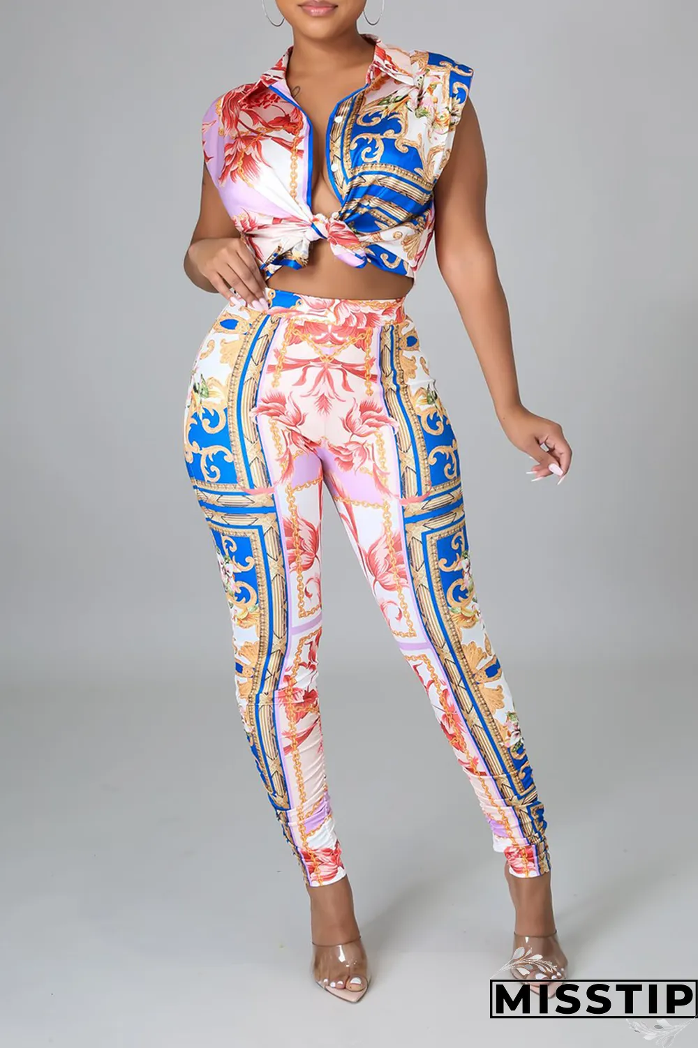 Blue Sexy Print Patchwork Turndown Collar Sleeveless Two Pieces