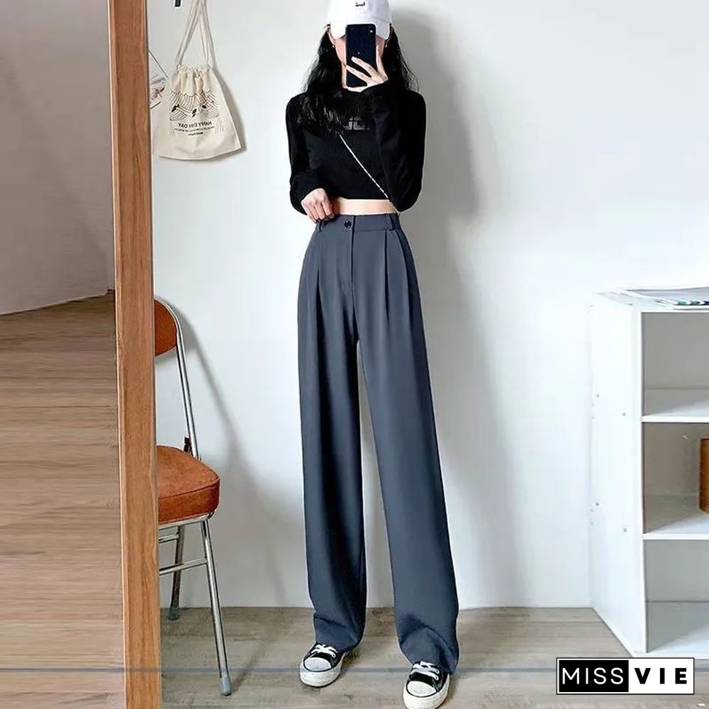 Fashion Thin Women Wide Leg Pants Summer High Waist Elastic Office Lady Loose Trousers Vintage Korean Solid Straight Pants New