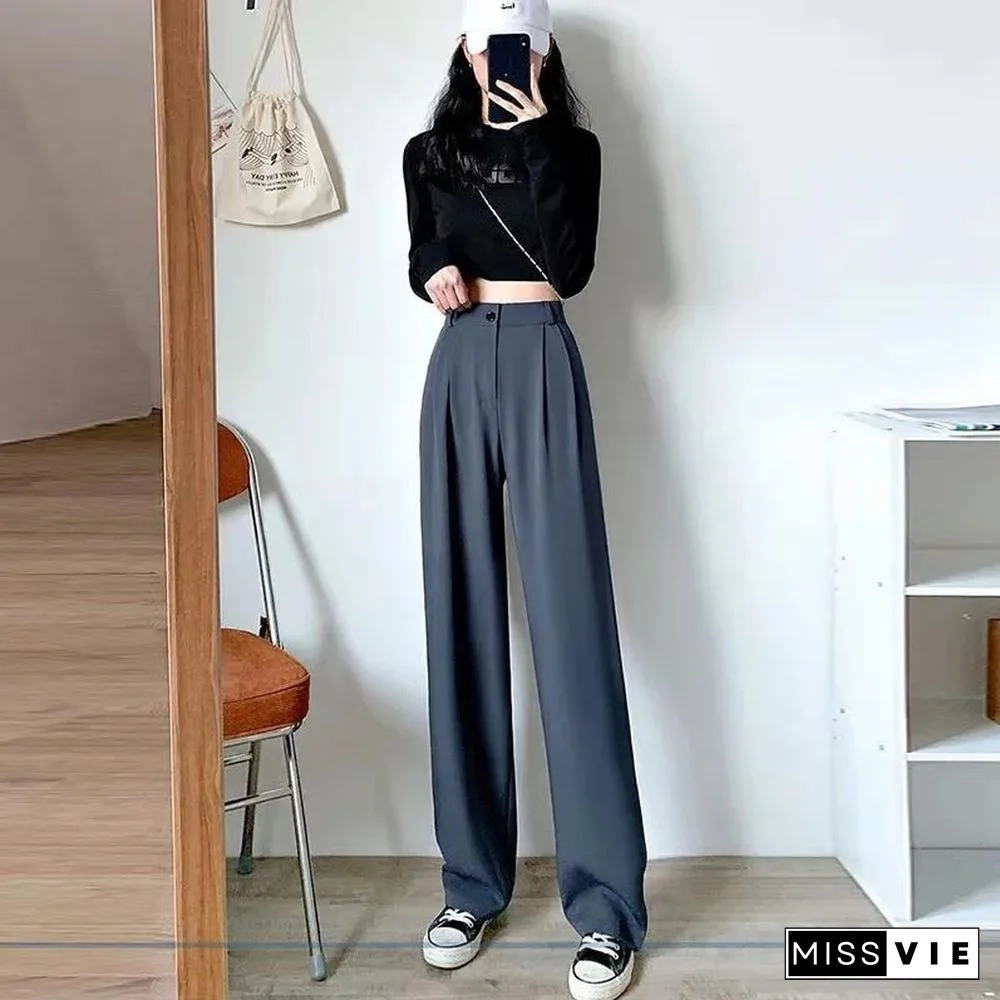 Fashion Thin Women Wide Leg Pants Summer High Waist Elastic Office Lady Loose Trousers Vintage Korean Solid Straight Pants New