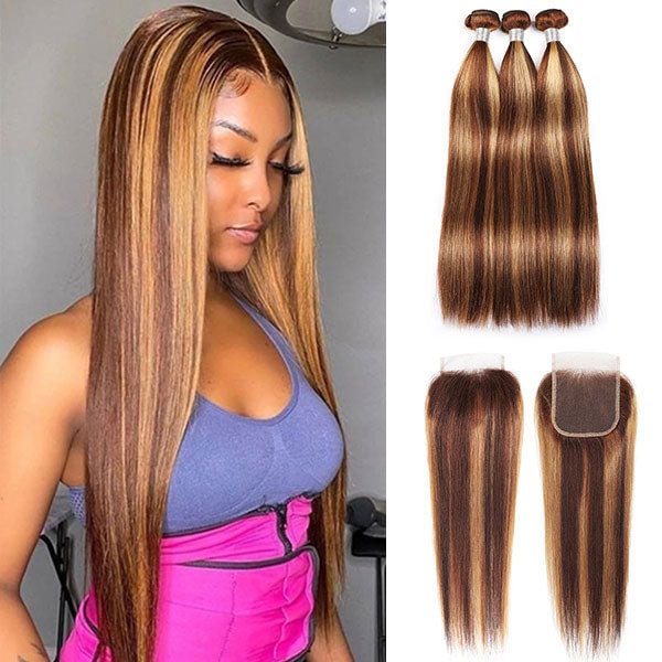 Highlight Honey Blonde Straight Hair Bundles With Lace Closure Brazilian Human Hair US Mall Lifes