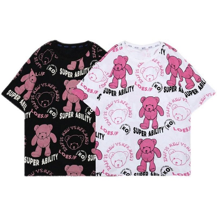 Girlfriend Boyfriend Bear Cartoon Print Loose T-Shirt - Modakawa Modakawa