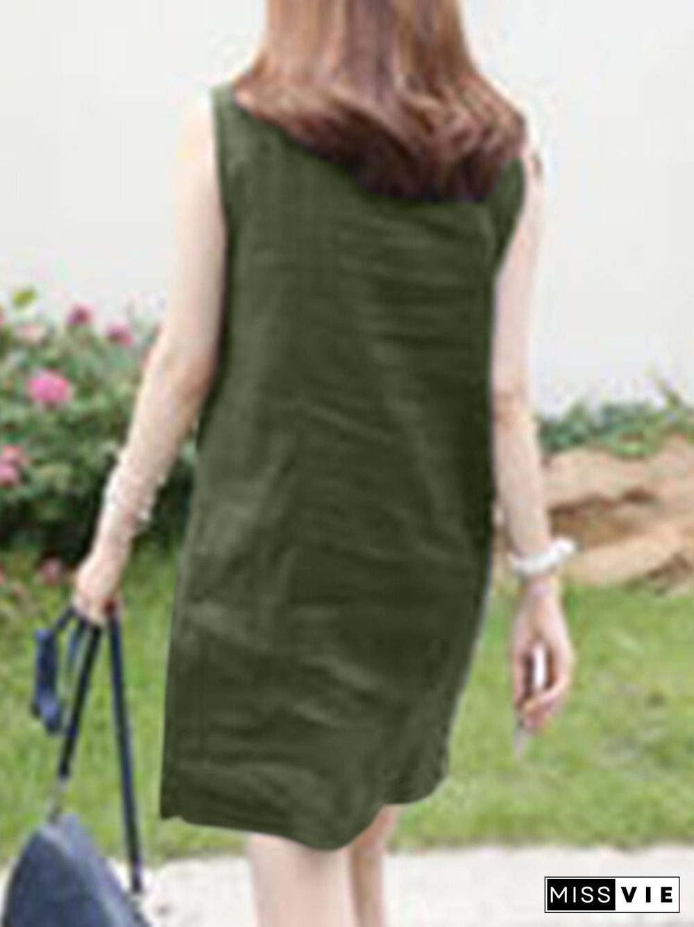 Solid Sleeveless Button Front Lapel Dress For Women