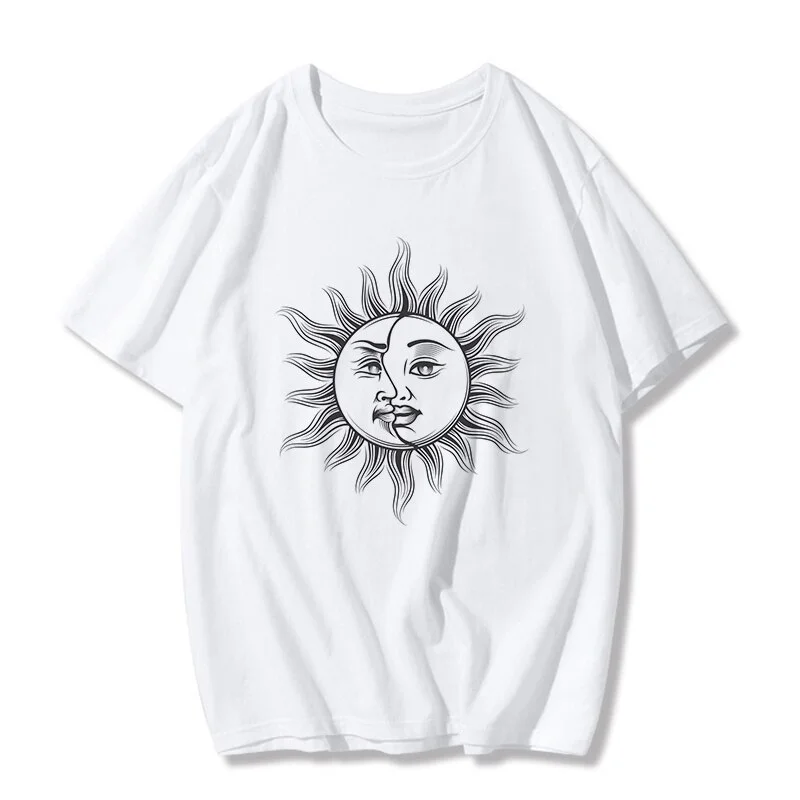 Jangj Harajuku Sun And Moon Graphic Sleeve Tops Novelty Funny T Shirt Women Casual Oversized Printed T Shirt Women Clothing T-shirts