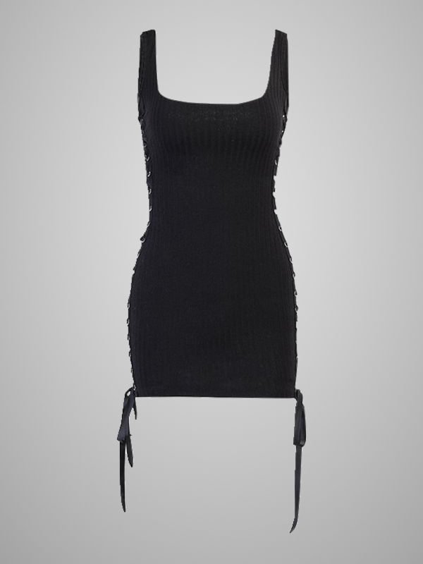 Basic Black Lace Up Square Collar Spaghetti Straps Bodycon Dress