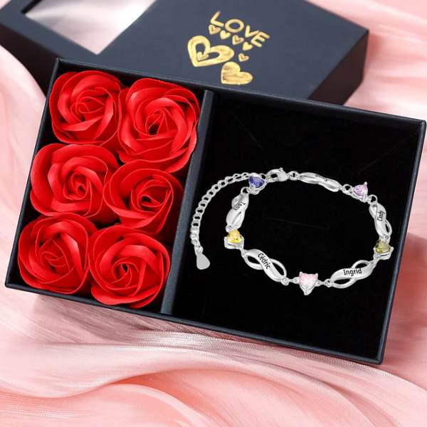 5 Names-Personalized Infinity Bracelet Gift Set With Rose Box-Custom Bracelet With 5 Birthstones Engraved 5 Names Bracelet Gift For Women