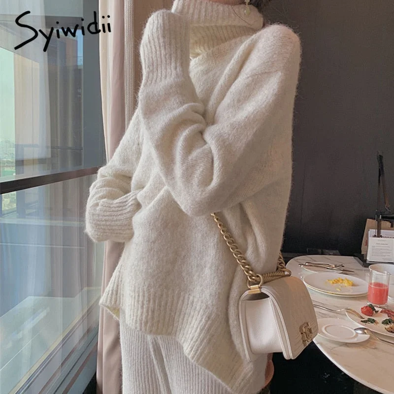 Syiwidii Turtleneck Sweater Women Korean Fashion 2021 Fall Pullovers Batwing Sleeve Winter Clothes Knit Black Pink Vintage Tops