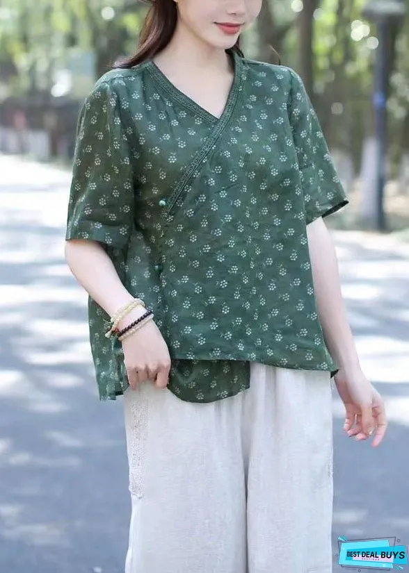 Women Green V Neck Print Patchwork Linen Blouses Summer