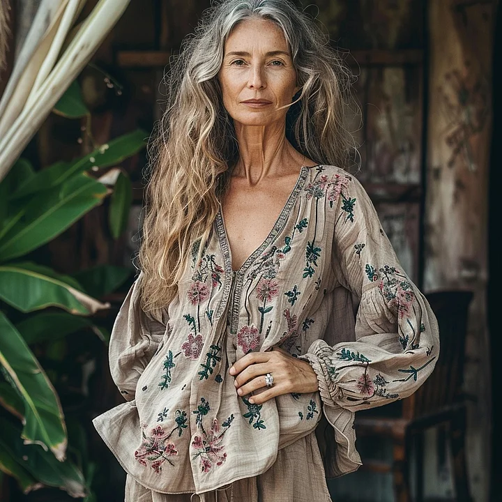 VChics Bohemian Floral Linen Art Print Long Sleeve V-neck Shirt