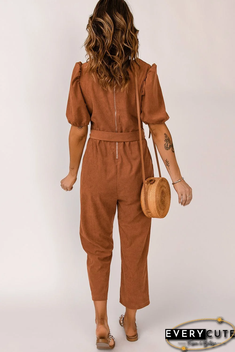 Brown Tie Knot Puff Sleeve Straight Leg High Rise Jumpsuit